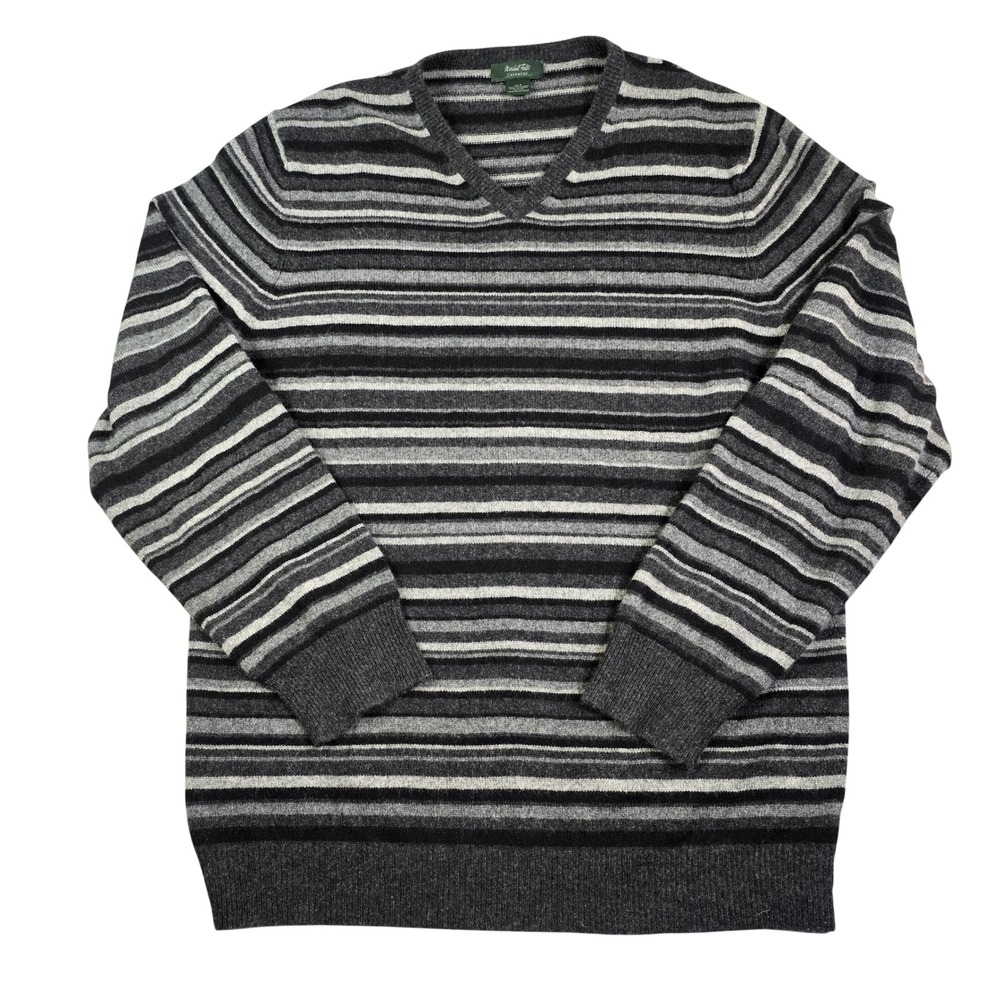 Marshall‎ Field's Cashmere Sweater Mens XLT Grey Striped V-Neck Pullover Tall